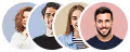 Smiling diverse group of five young adults with various hairstyles and casual clothing, arranged in a horizontal row.
